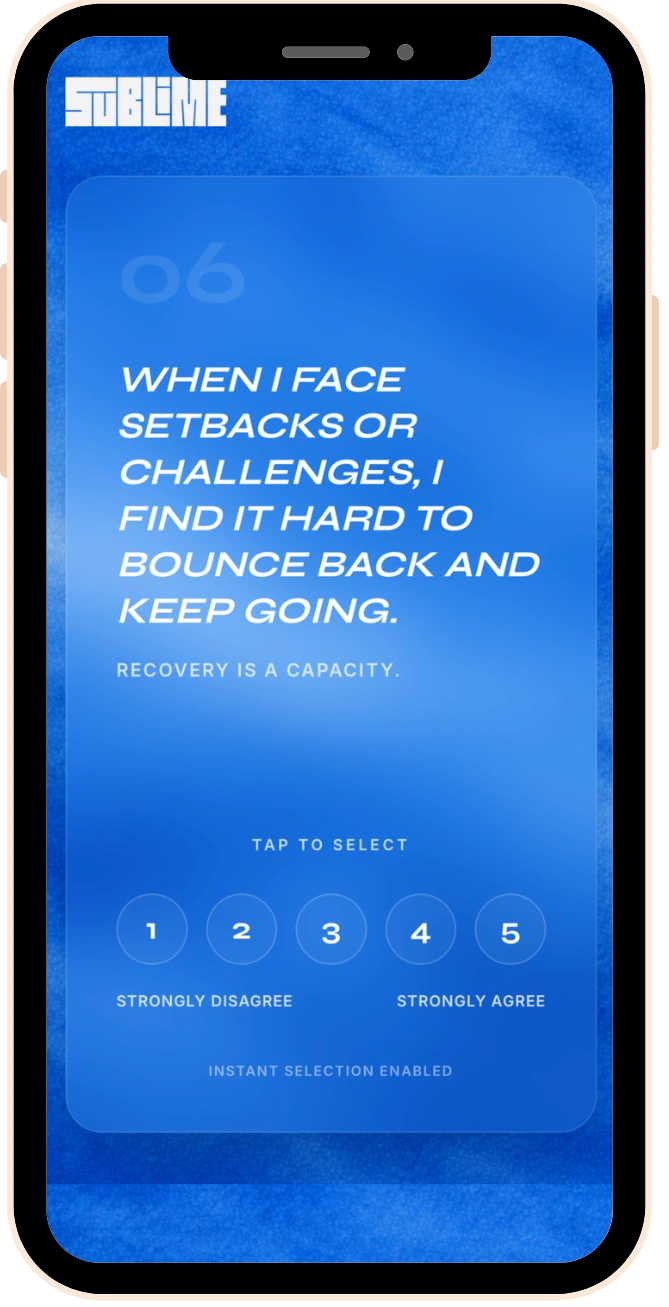 Example Resilience question: When I face setbacks or challenges, I find it hard to bounce back and keep going. Recovery is a capacity. Response options range from 1, strongly disagree, to 5, strongly agree.