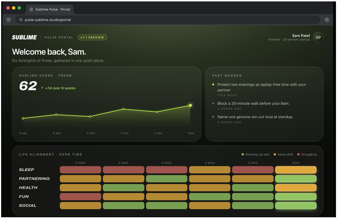 Sublime Pulse dashboard showing a sample score trend, practical prompts and life alignment over time