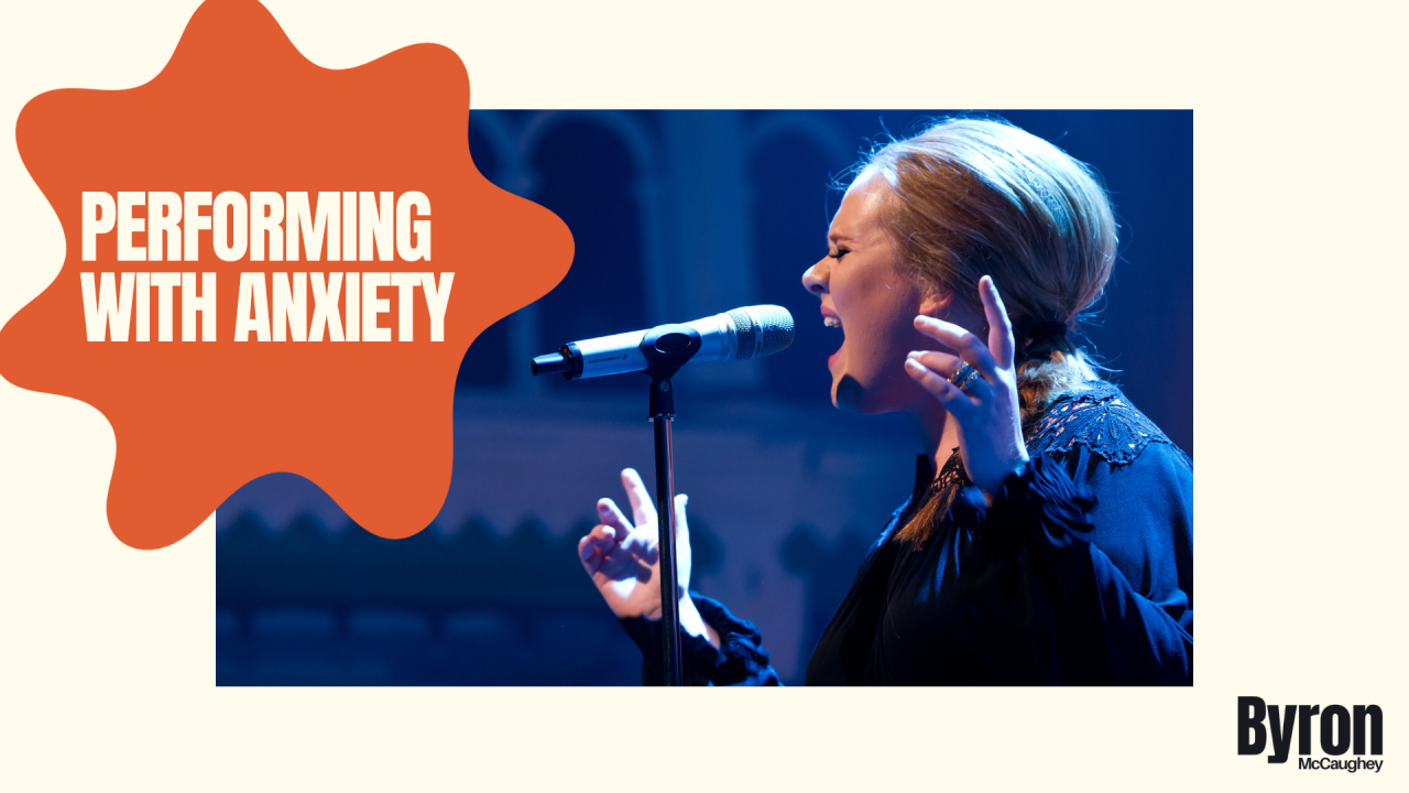 Cover image of Adele performing for article on performing with anxiety